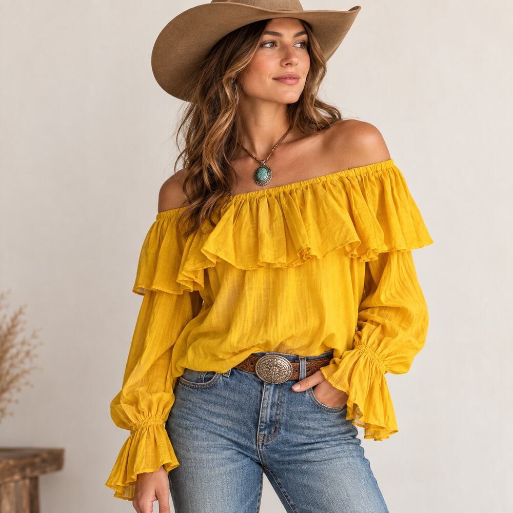 Phool Yellow Gold Cotton Gauze Off Shoulder Ruffle Boho Top Small